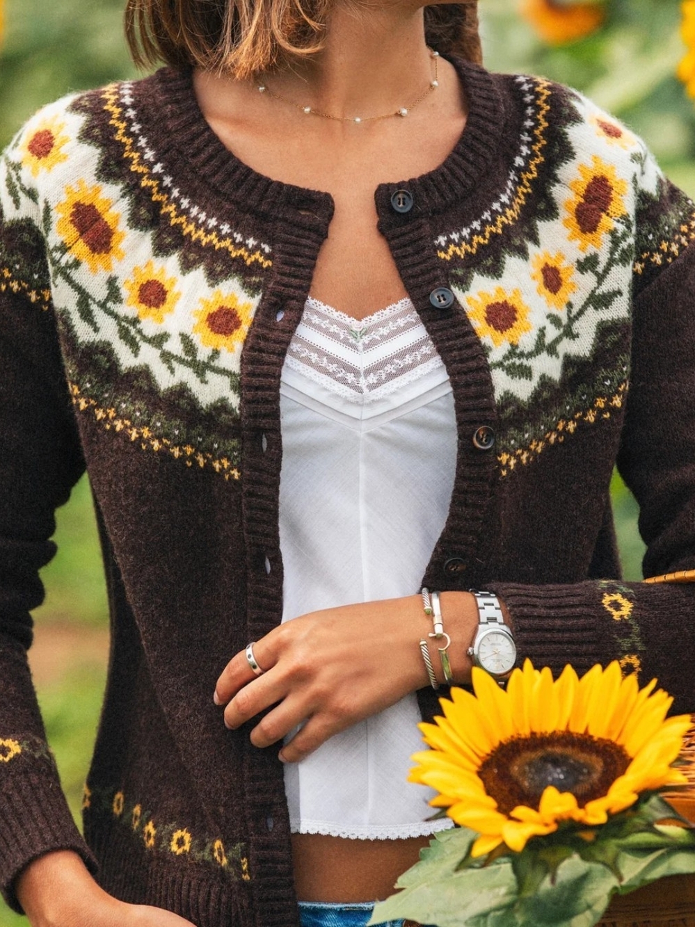 Kiel James Patrick Sunflower Fair Isle Knit Cardigan Sweater - Brown Xs